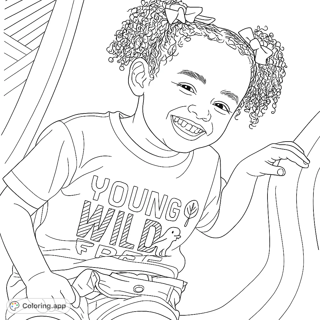 A delightful young child with curly pigtails and a wide, happy smile, ready for a fun coloring adventure. A free printable child portrait coloring page.