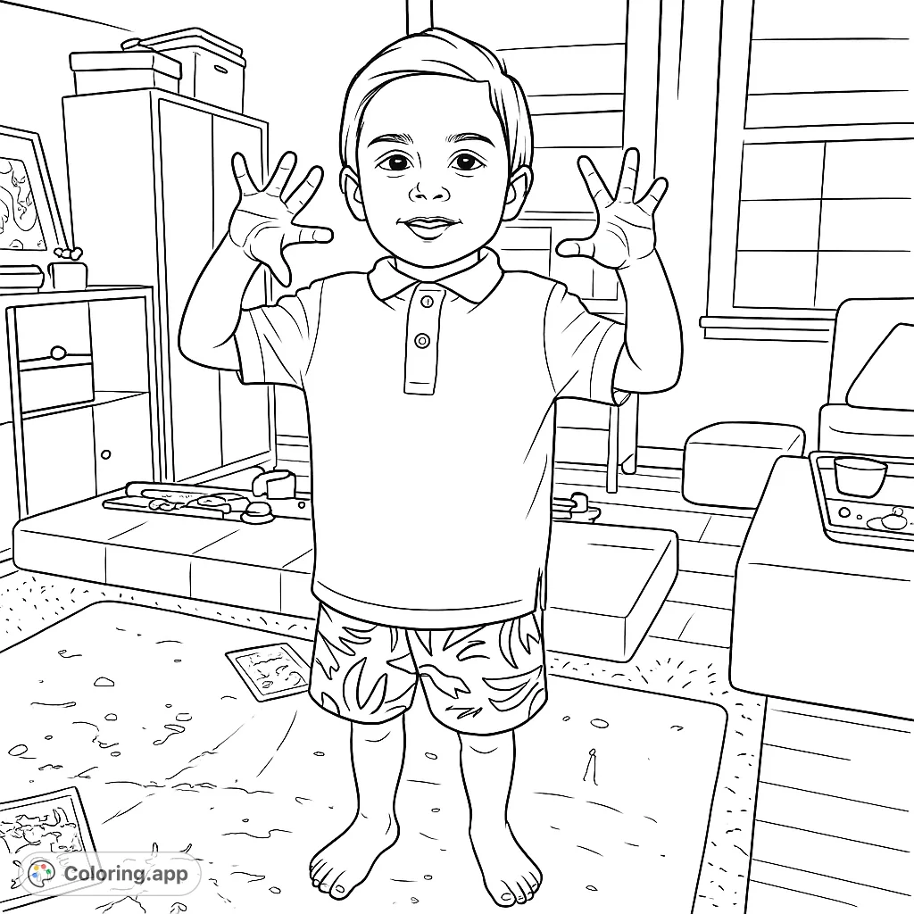 A happy young boy with hands raised, smiling in a playful room. A free printable kids' room coloring page for creative fun and learning.