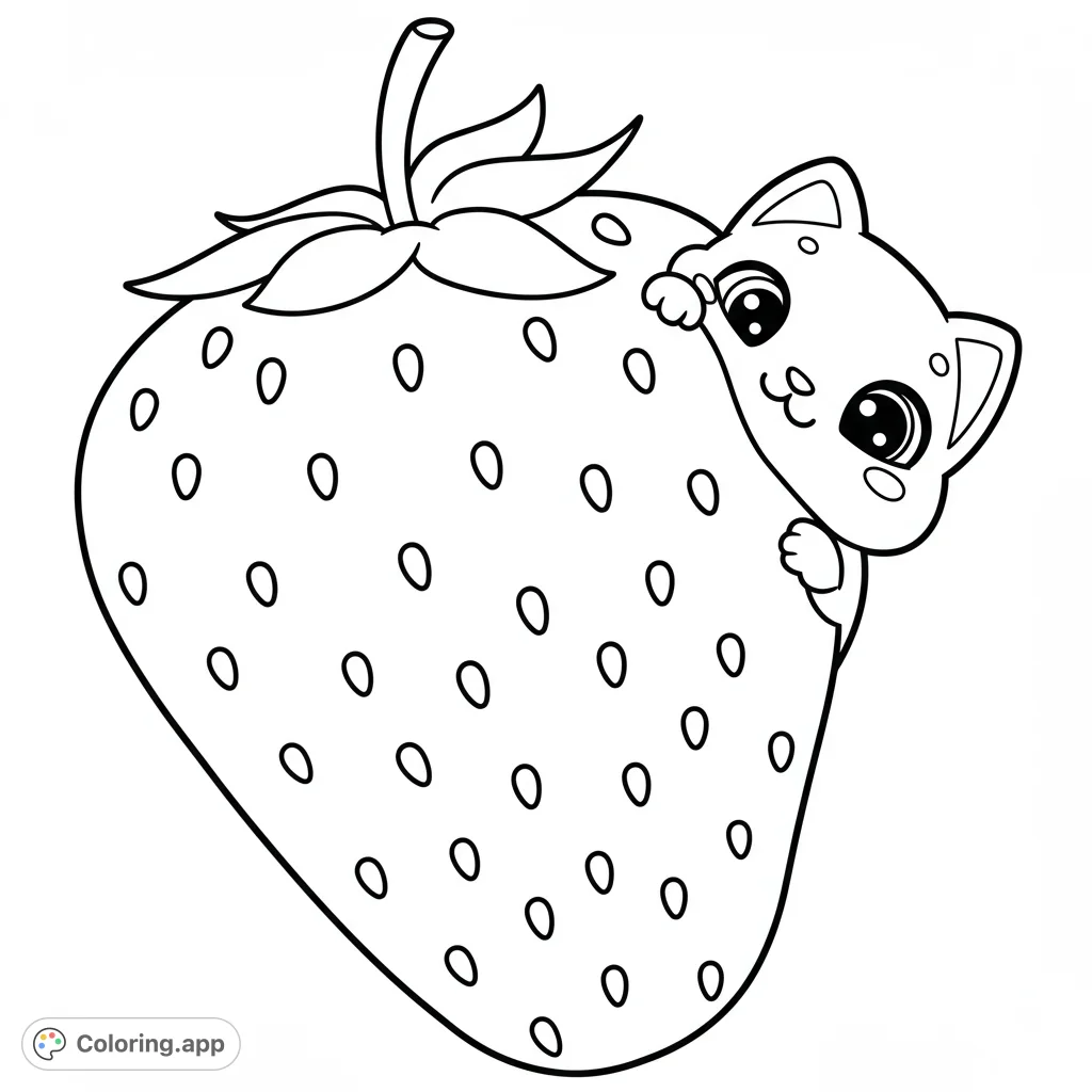 An adorable, plump strawberry with a cute, wide-eyed cat playfully peeking from behind it. A sweet and simple coloring page for all ages.