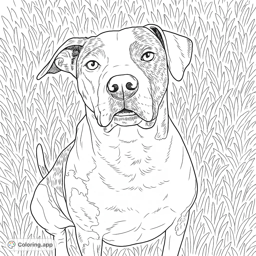 A charming dog with expressive eyes sits amidst tall grass, ready for vibrant colors. A free printable dog coloring page for all ages.