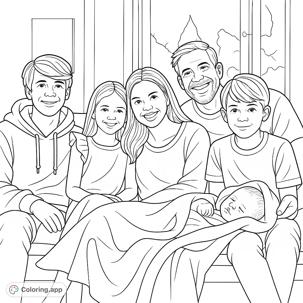 A heartwarming family portrait featuring parents, two children, and a newborn baby. Perfect for celebrating family bonds and new beginnings.