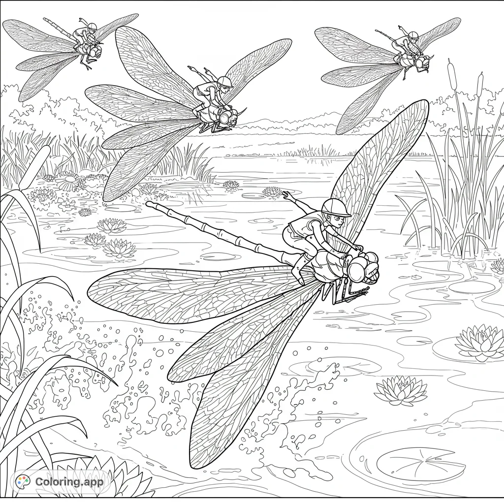 Experience the thrill of a vintage dragonfly race! Jockeys guide their winged steeds over a rippling lake, a unique free printable coloring page.