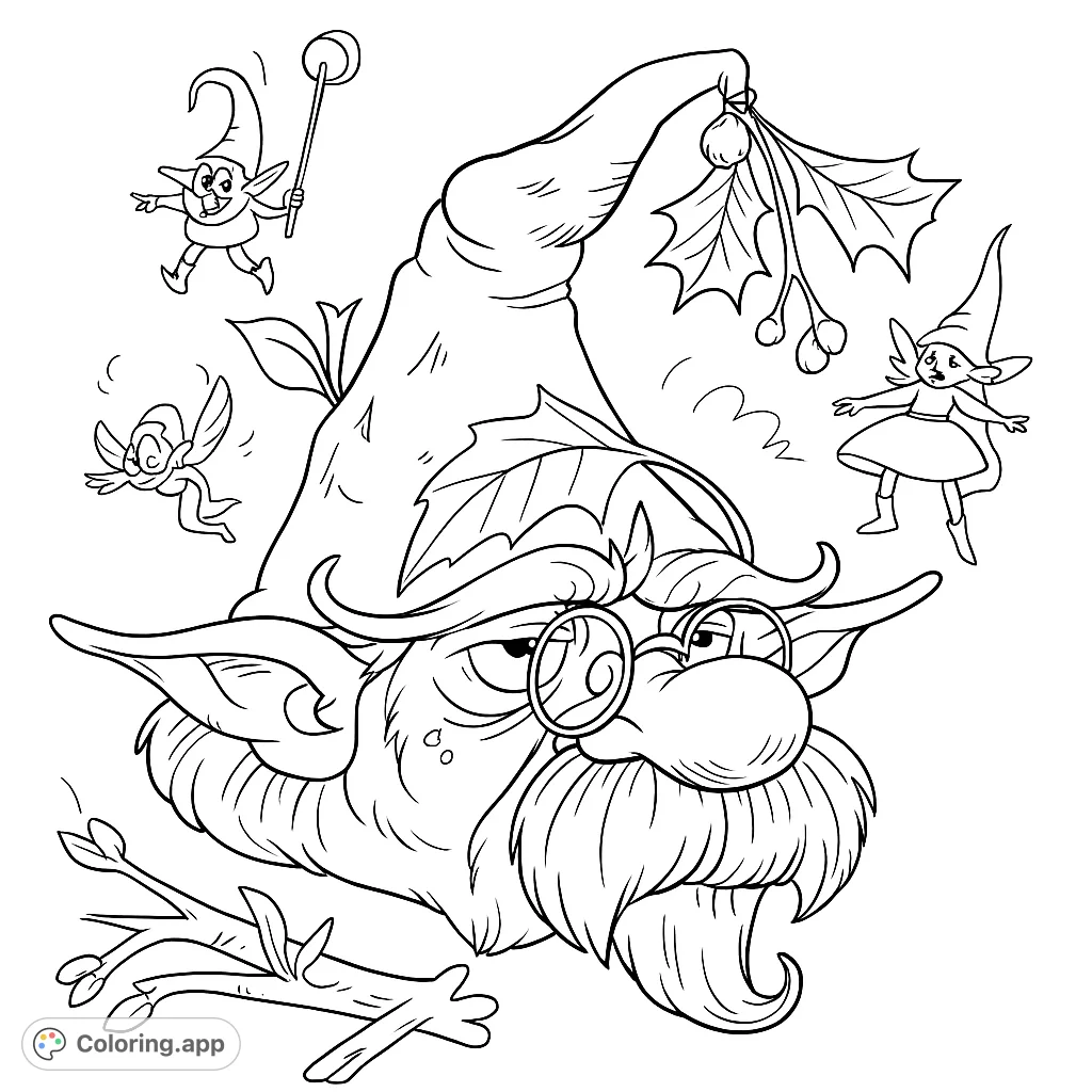 A charming yet grumpy gnome with a long beard and spectacles, surrounded by playful, tiny sprites and festive holly. A whimsical fantasy scene ready for your creative colors!