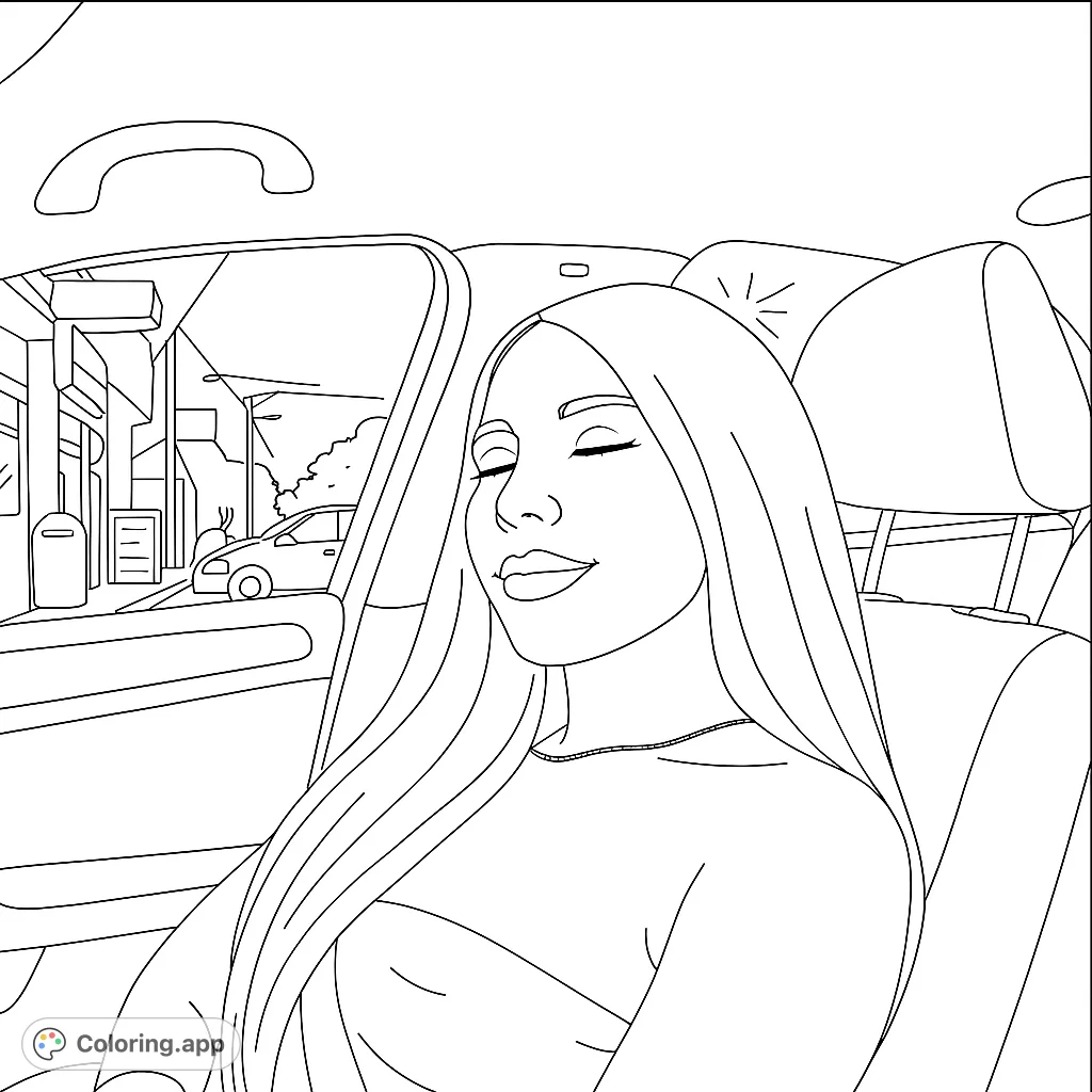 A serene woman with long hair relaxes in a car, eyes closed, with a detailed street scene visible outside. A peaceful free printable coloring page.