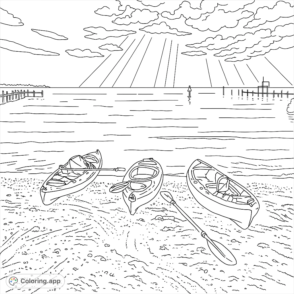 A peaceful beach scene with three kayaks on the sand, calm ocean, distant piers, and sun rays breaking through clouds. Perfect for a relaxing coloring escape.