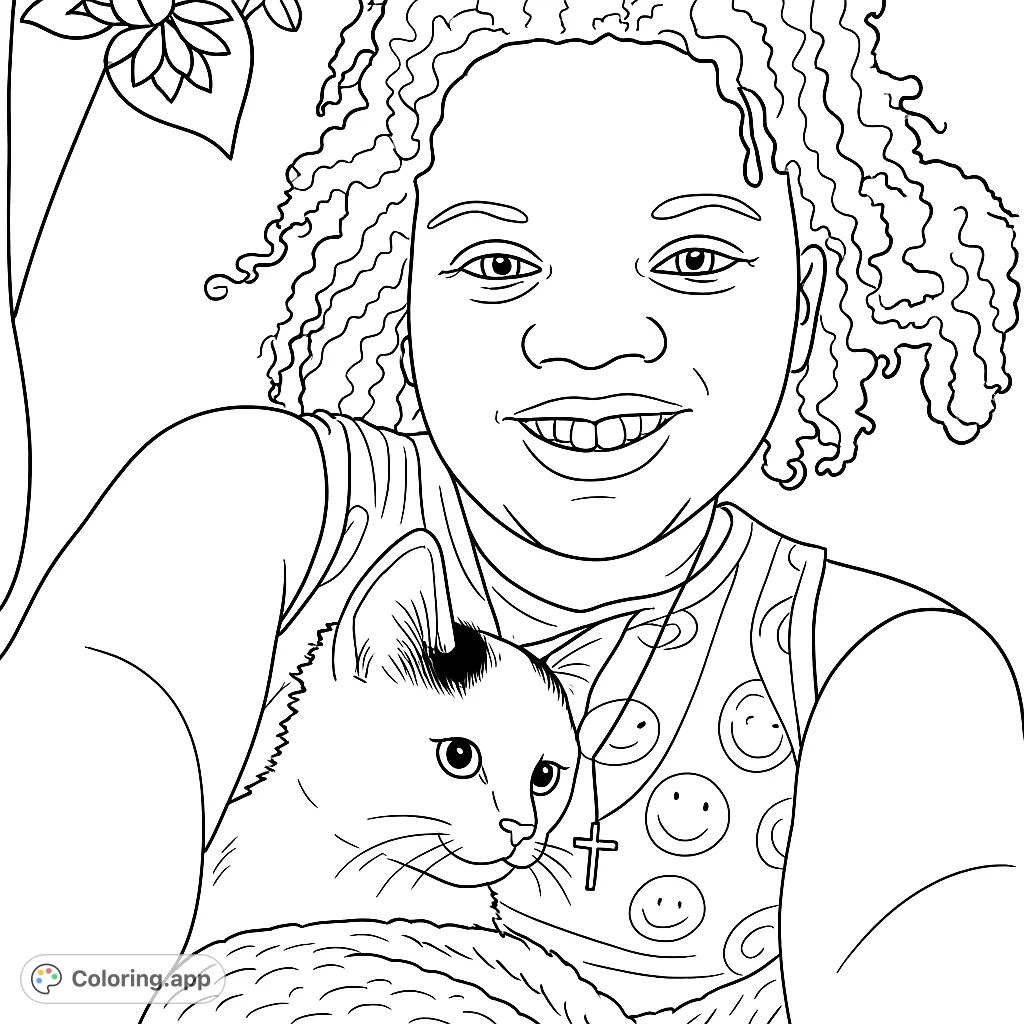 A joyful young person with curly hair smiles while holding their beloved cat. Features a smiley-face top and a cross necklace, perfect for pet lovers.