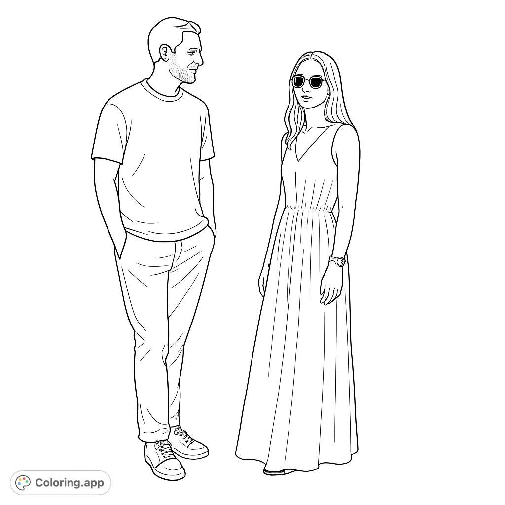 A stylish couple stands together, ready for your creative touch. Perfect for fashion enthusiasts and portrait coloring.