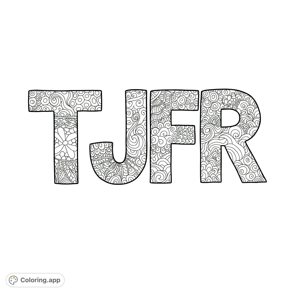 Discover a unique initials coloring page featuring bold capital letters T, J, F, R, each filled with intricate, mesmerizing zentangle patterns. A free printable coloring page for adults.