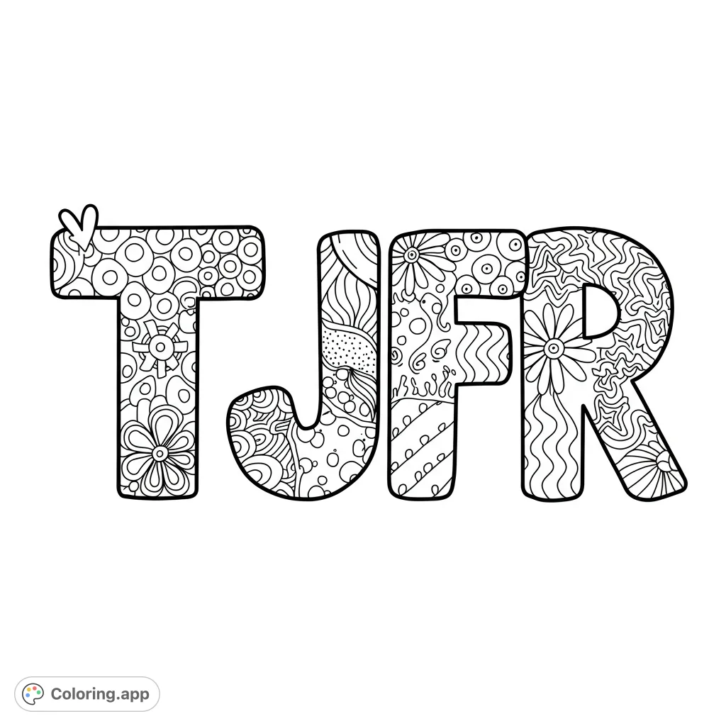 Four bold letters T, J, F, R, each filled with unique, intricate patterns like florals, swirls, and geometric shapes, perfect for detailed coloring.