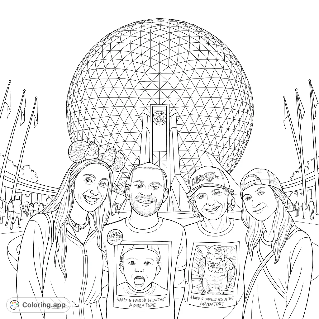 An Epcot group adventure coloring page featuring friends in front of the iconic geodesic sphere. Free printable for all ages.