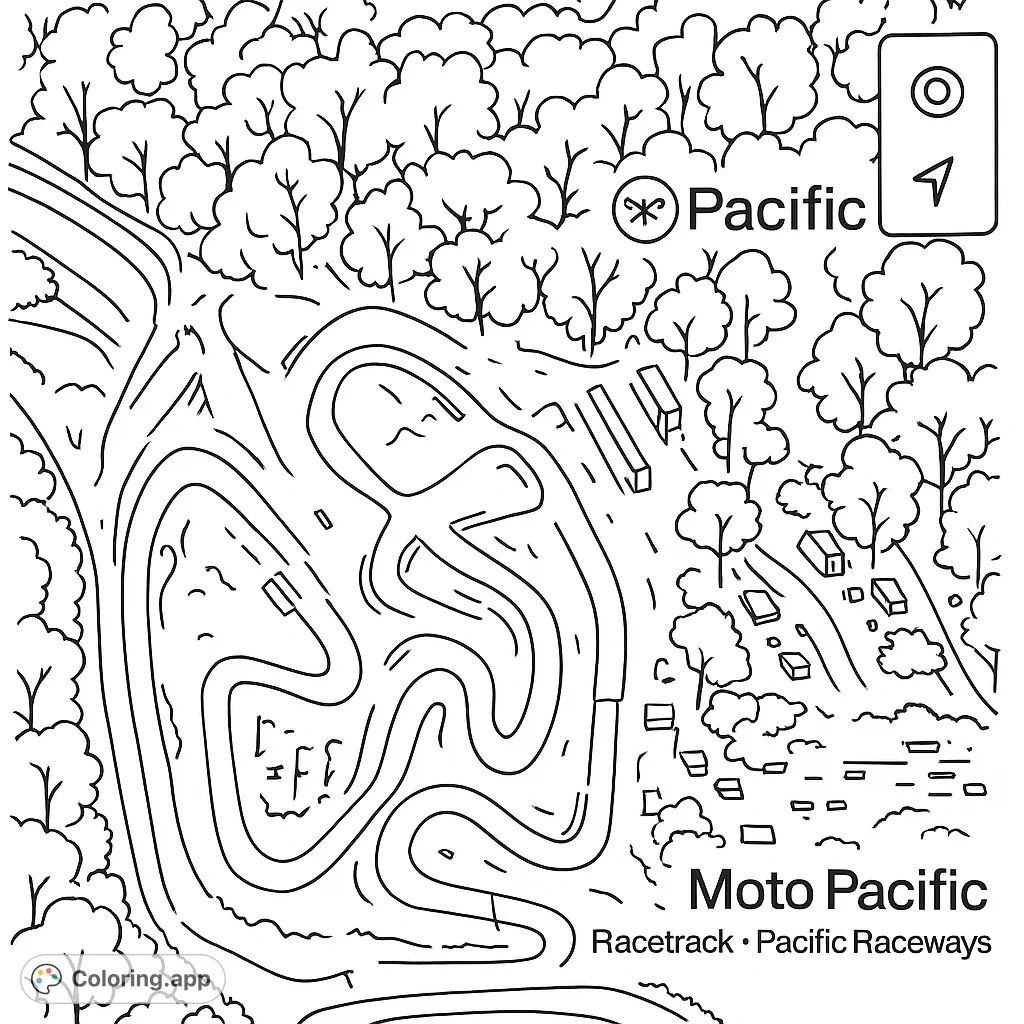 An aerial view of a winding racetrack nestled within a dense forest, perfect for a dynamic and engaging coloring experience.