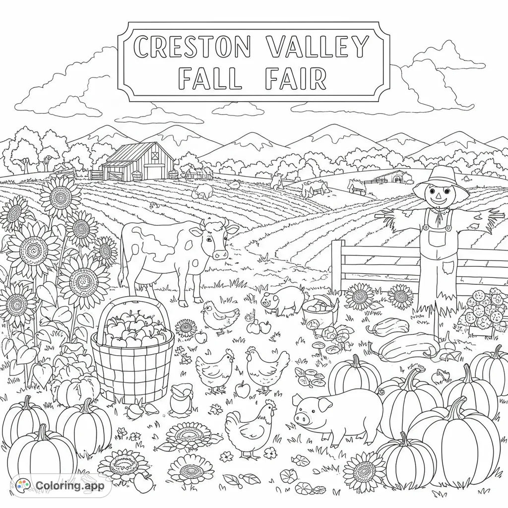 Celebrate autumn with this charming farm fair coloring page! Features pumpkins, sunflowers, farm animals, and a festive harvest scene.