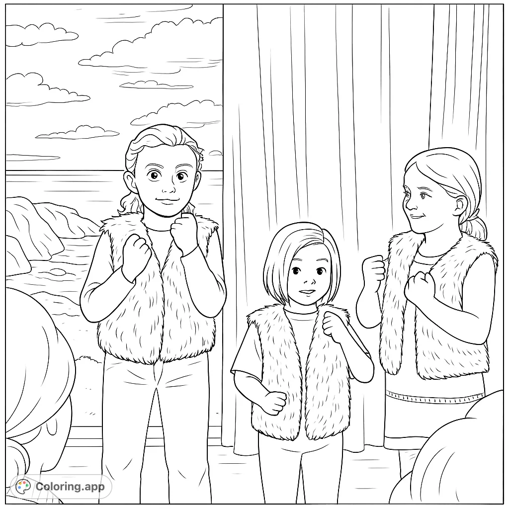 Three young performers in costume take the stage! A fun coloring page for kids who love theater, acting, and putting on a show.