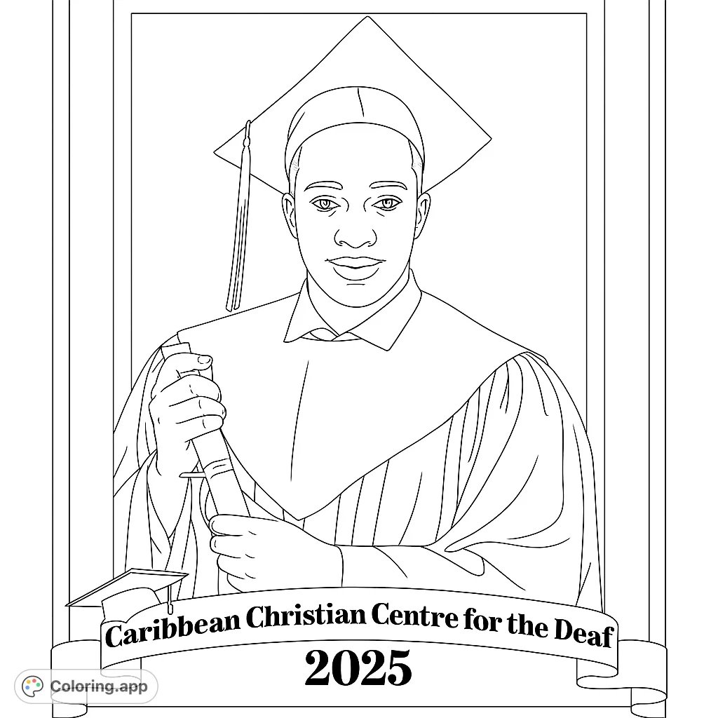 Celebrate achievement with this graduation portrait coloring page. A proud graduate in cap and gown holds a diploma, ready for your creative colors.