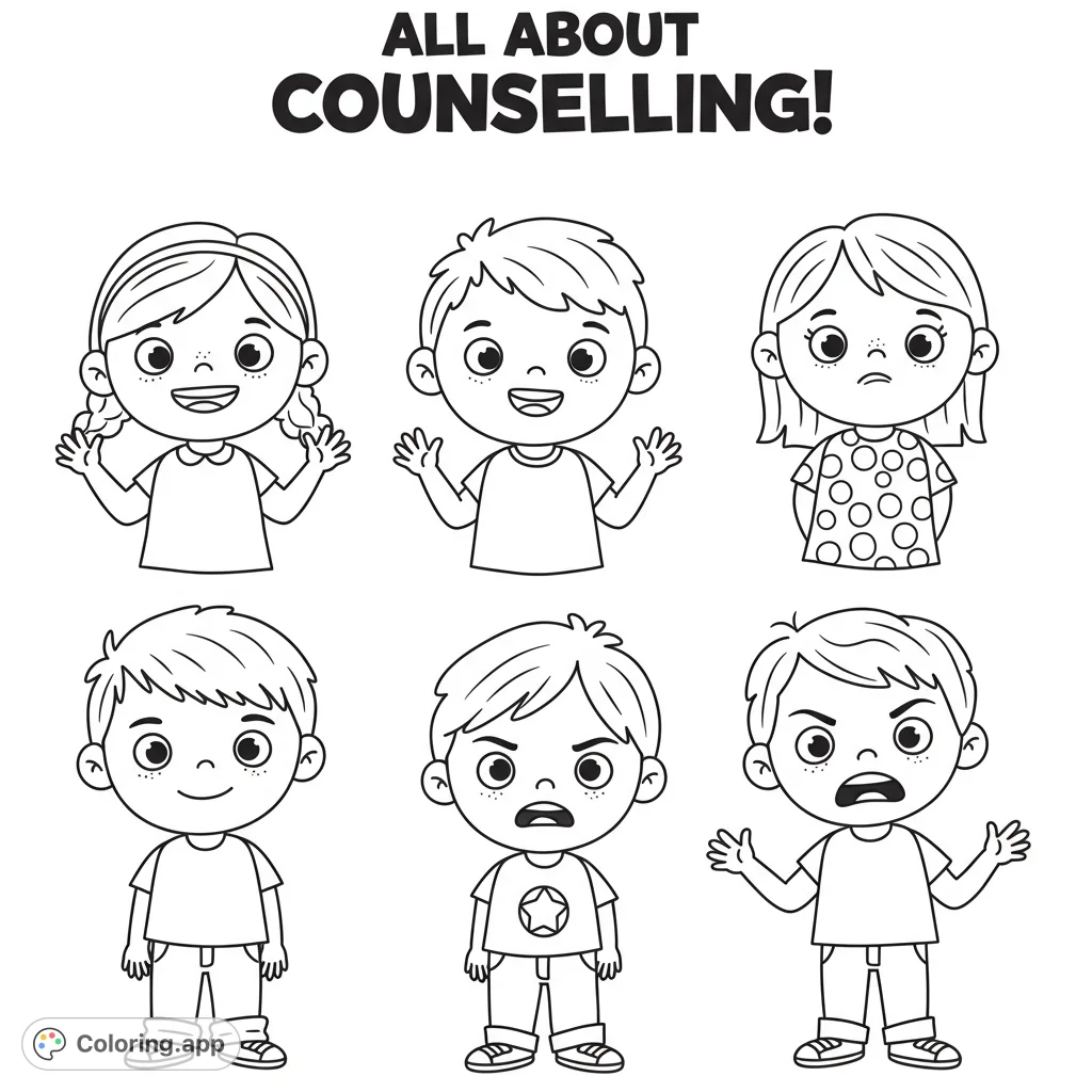 Six diverse cartoon children expressing various emotions, from joy to frustration, perfect for a feelings coloring page. Free printable for all ages!