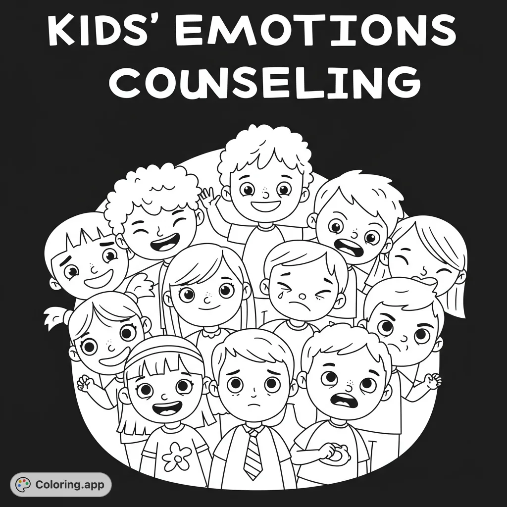 Explore a vibrant emotions coloring page featuring a diverse group of children expressing various feelings. A free printable coloring page for kids and adults.