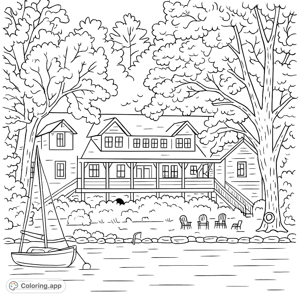 Serene lakeside cabin coloring page featuring a charming house, sailboat, and lush trees. Perfect for nature lovers.