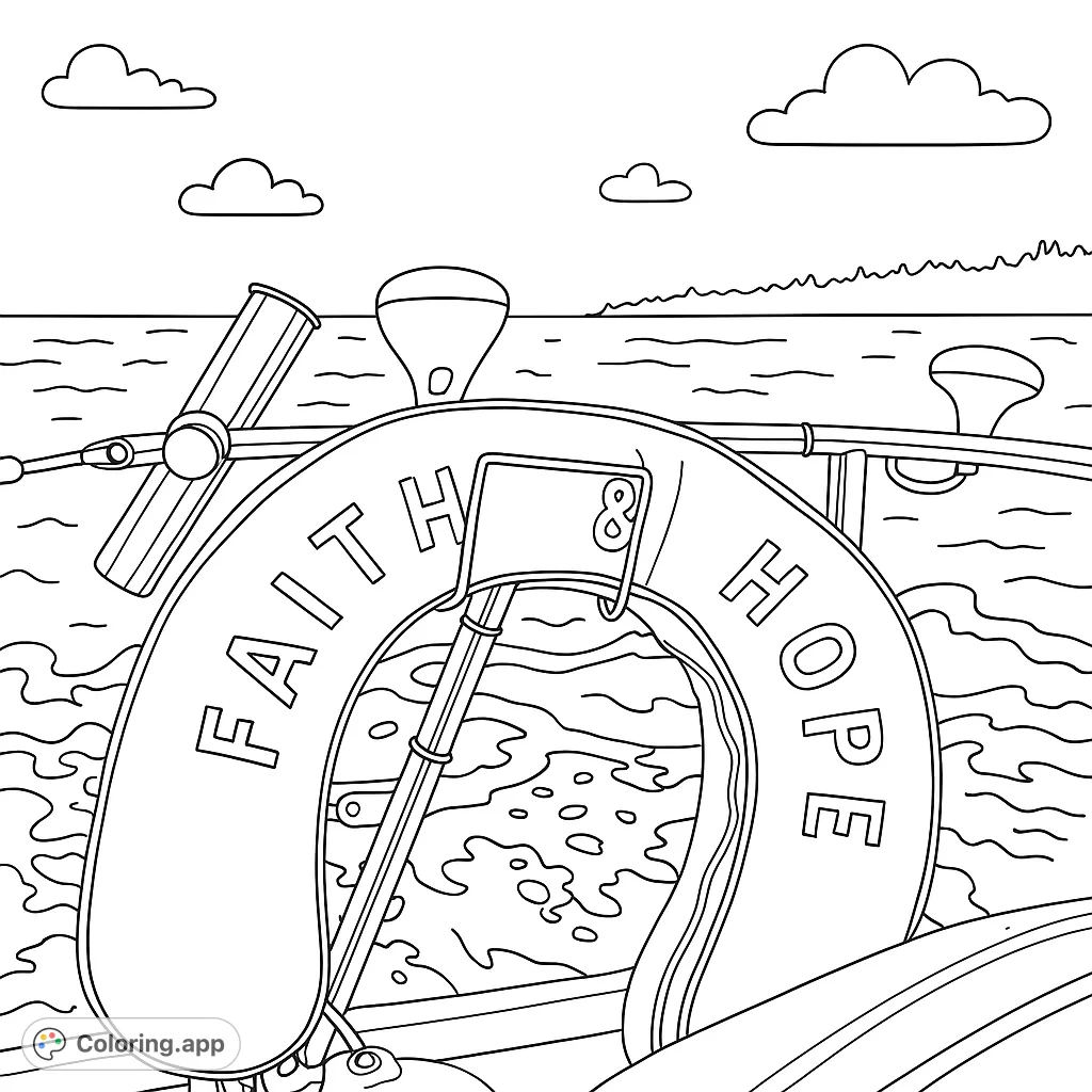 Explore a peaceful nautical scene featuring a lifebuoy on a boat, with calm ocean waves and a distant coastline. A free printable ocean coloring page.