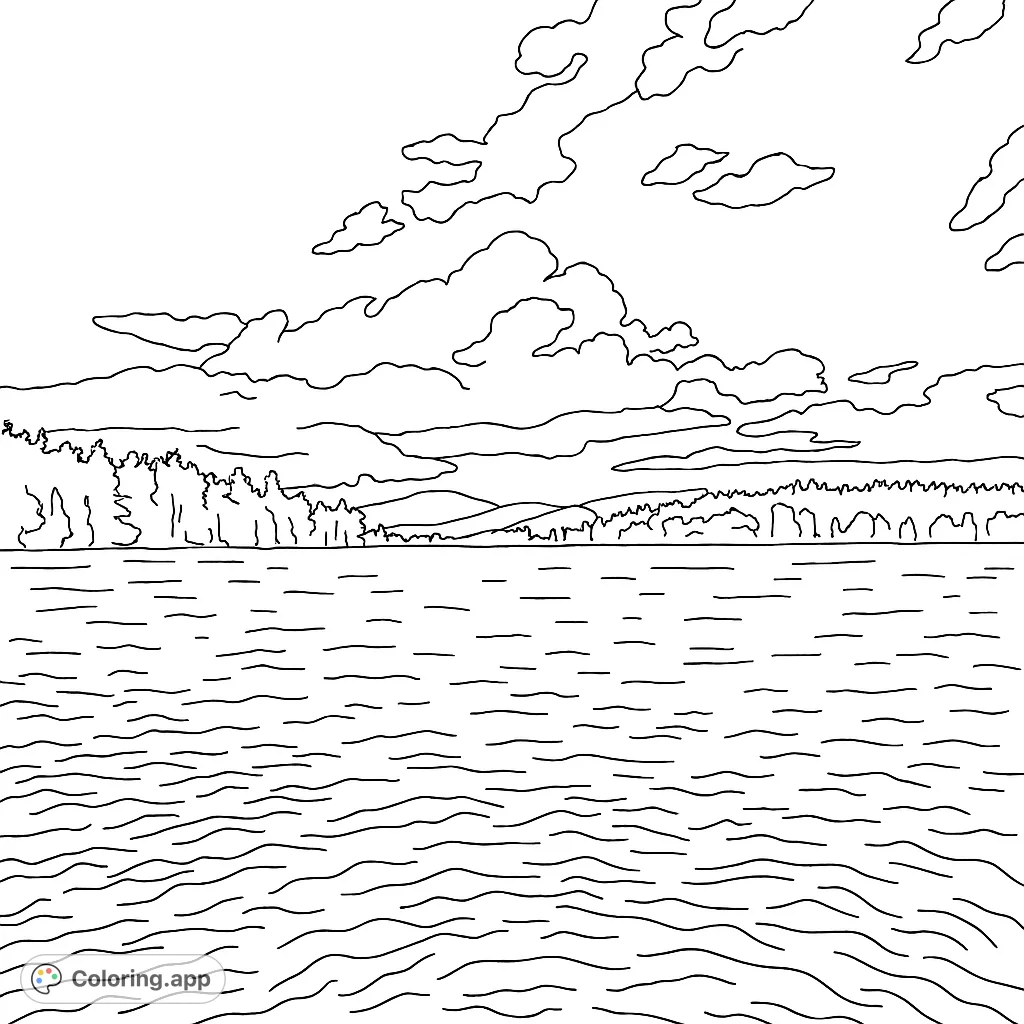 A tranquil landscape coloring page featuring a calm lake, a distant forest, and a sky full of clouds, perfect for nature lovers.