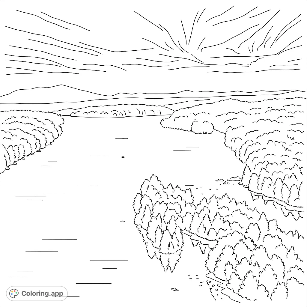 A serene river landscape coloring page featuring lush forests, distant mountains, and a dramatic sky. Perfect for nature lovers.