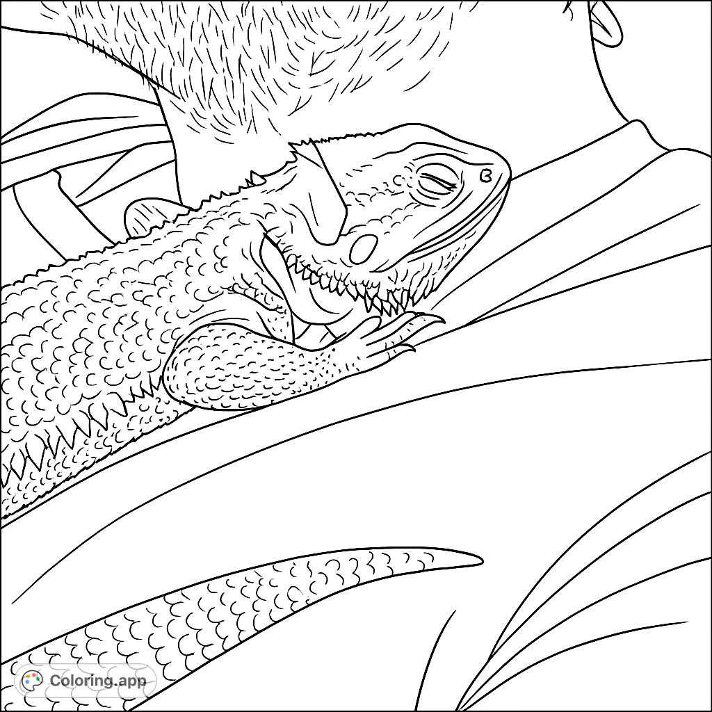 A charming bearded dragon rests peacefully on a person's shoulder, featuring intricate scales and textures. A unique reptile coloring page for all ages.