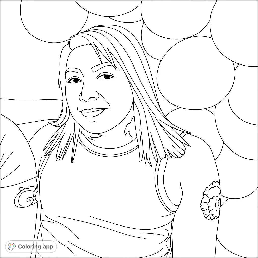 A cheerful portrait coloring page featuring a person with long hair and tattoos, set against a playful bubble background. Free printable coloring page for all ages.