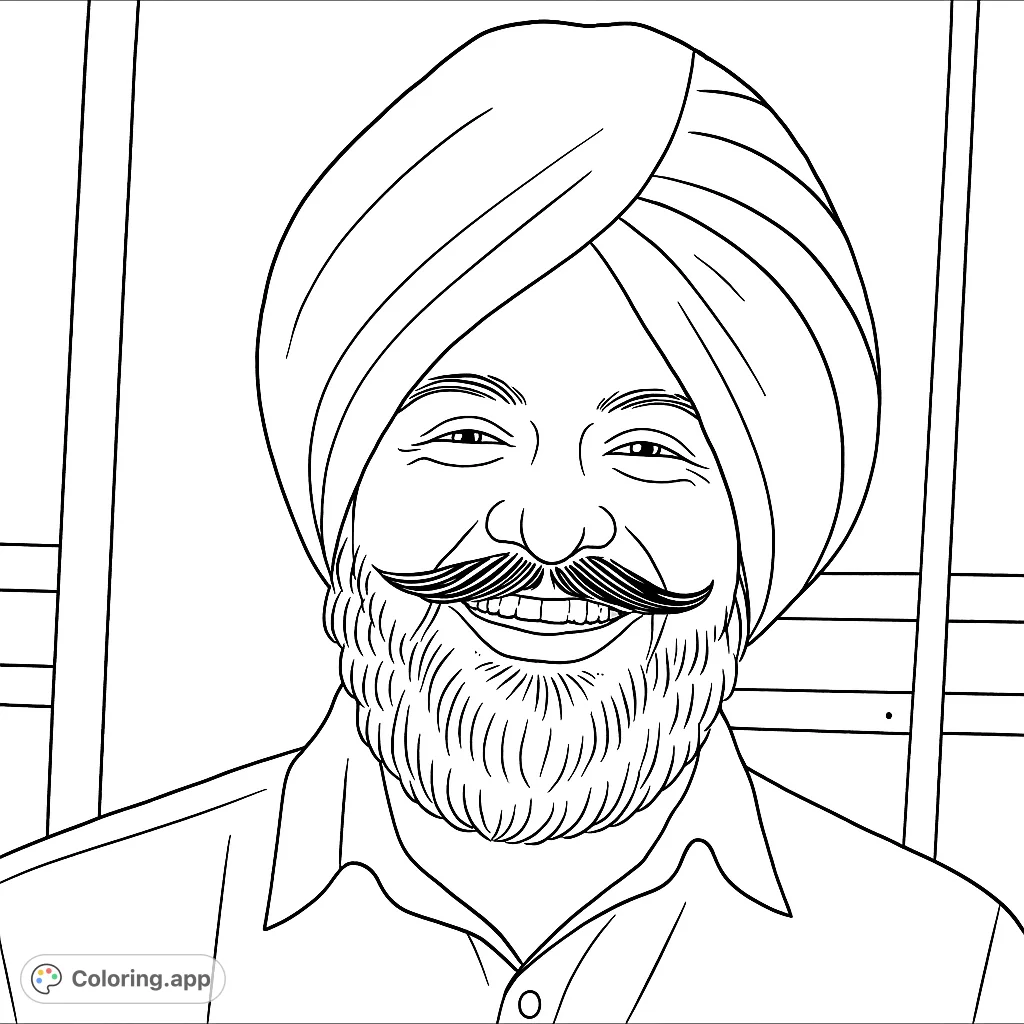 A joyful man in a turban and beard smiles warmly. This cultural portrait coloring page offers intricate details for a delightful coloring experience.