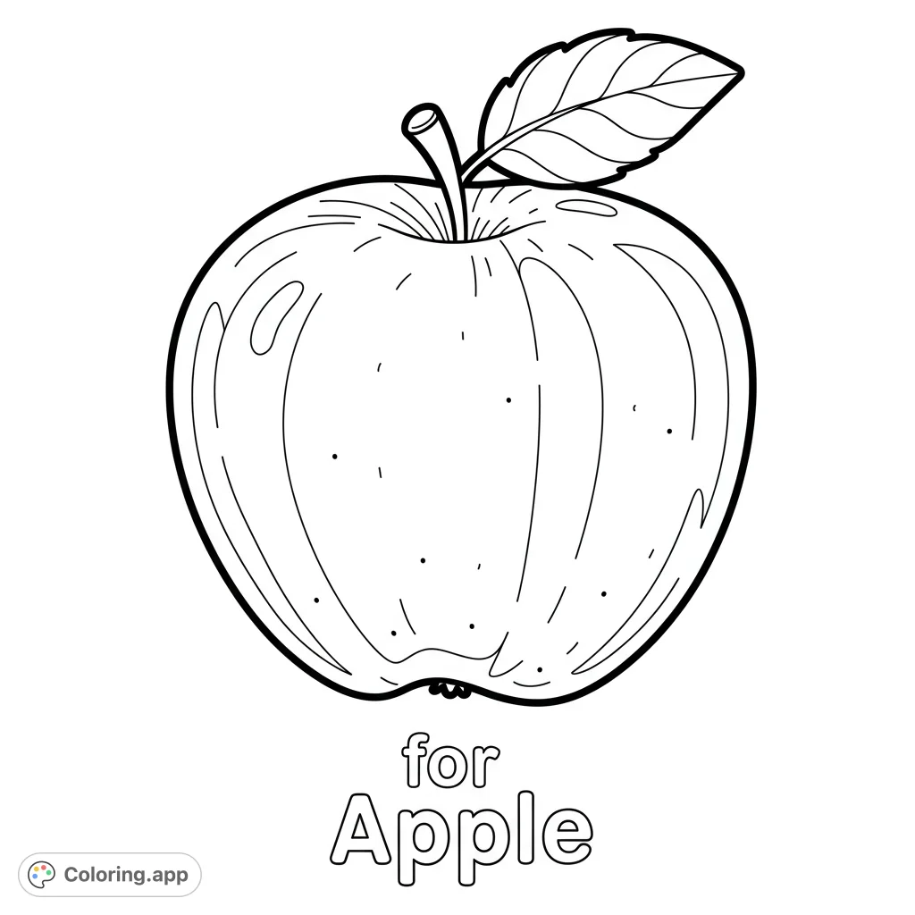 A delightful apple coloring page, perfect for kids and adults. Features a crisp apple with a stem and leaf, ready for vibrant colors.