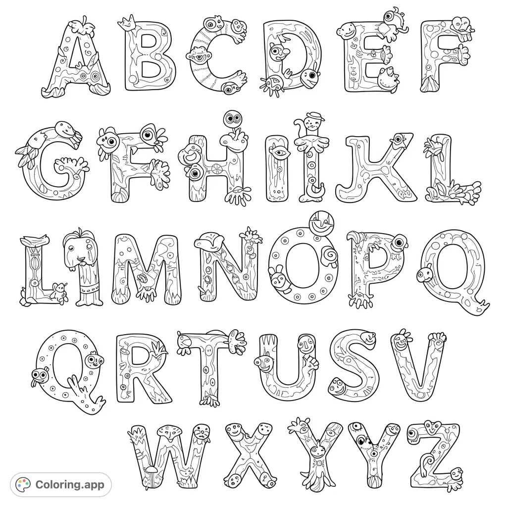 Explore a fun monster alphabet coloring page! Each letter A-Z is a unique, whimsical creature, perfect for learning and creative expression.