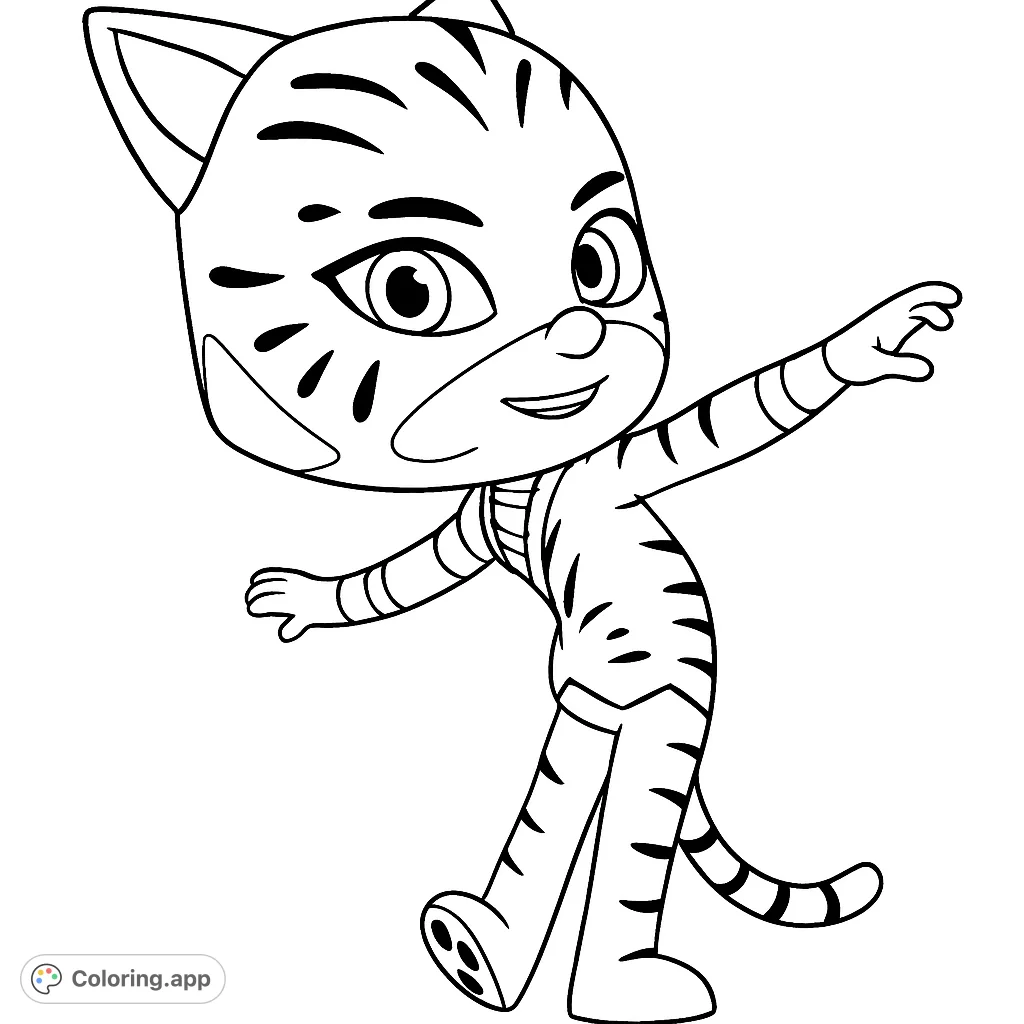 Unleash creativity with this dynamic cat superhero coloring page! Features a smiling character with bold stripes, ready for action.
