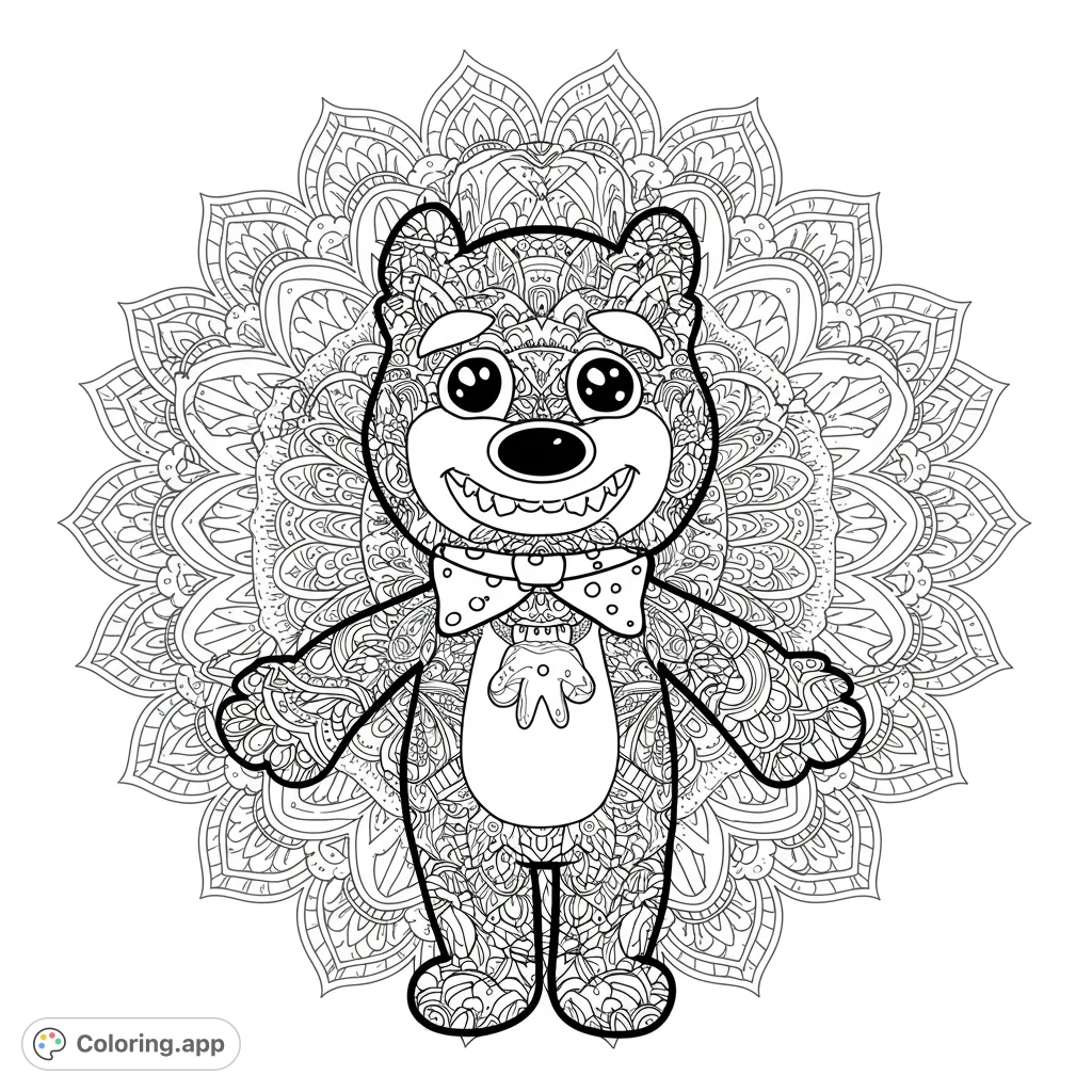 Discover a charming, smiling bear adorned with intricate mandala patterns, set against a detailed circular mandala background. A unique free printable coloring page.