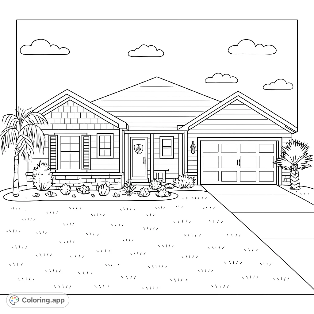 Color a charming suburban home with a garage, lush landscaping, and simple clouds. A delightful house coloring page for all ages.