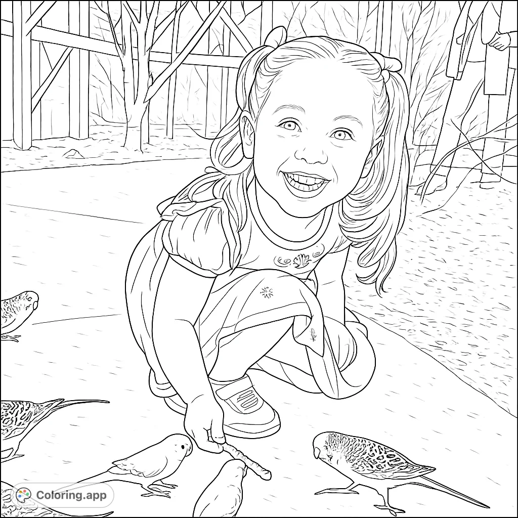 A delightful free printable coloring page featuring a joyful girl feeding parakeets, perfect for kids and bird lovers. Explore nature's beauty!