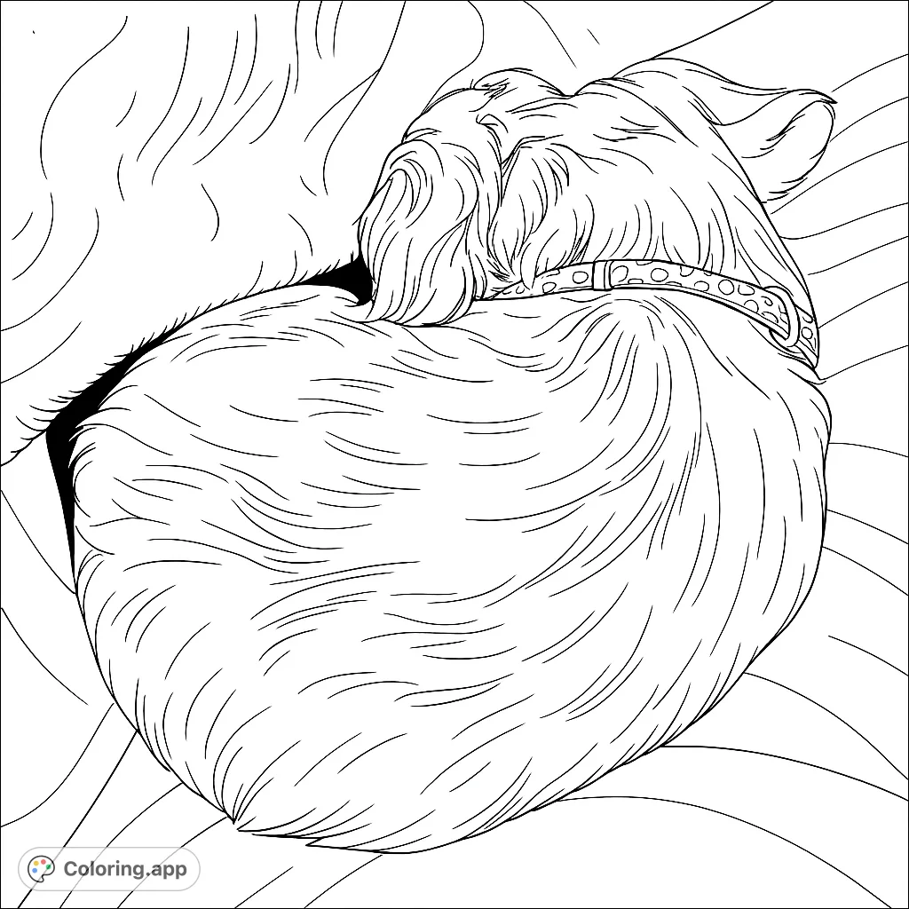 A peaceful dog curled up asleep, featuring detailed fur lines and a patterned collar. A cozy animal coloring page for relaxation.