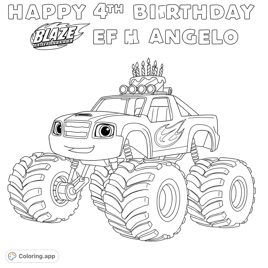 Rev up for fun with this monster truck birthday coloring page! Features a friendly truck with a cake and candles, perfect for celebration.