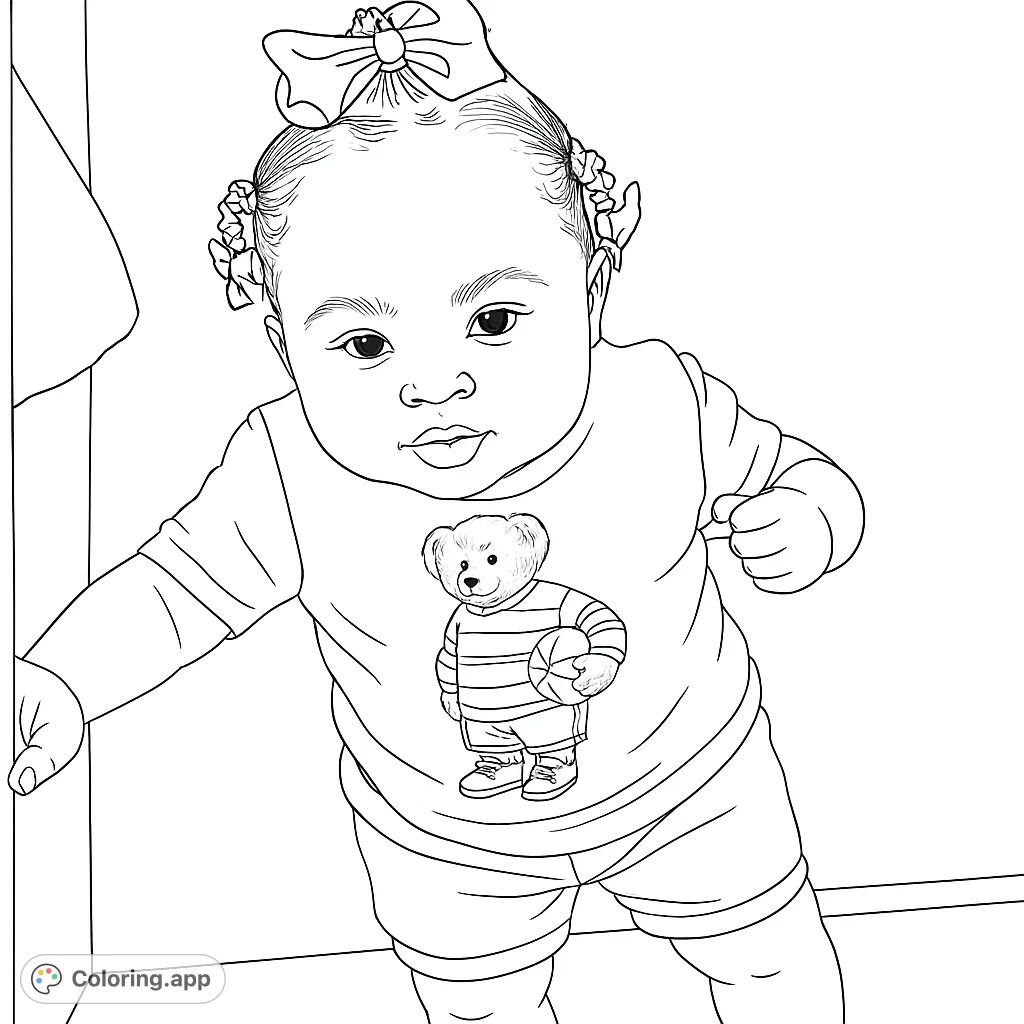 An adorable baby in a teddy bear shirt, ready for coloring! Features a cute bow and playful details.