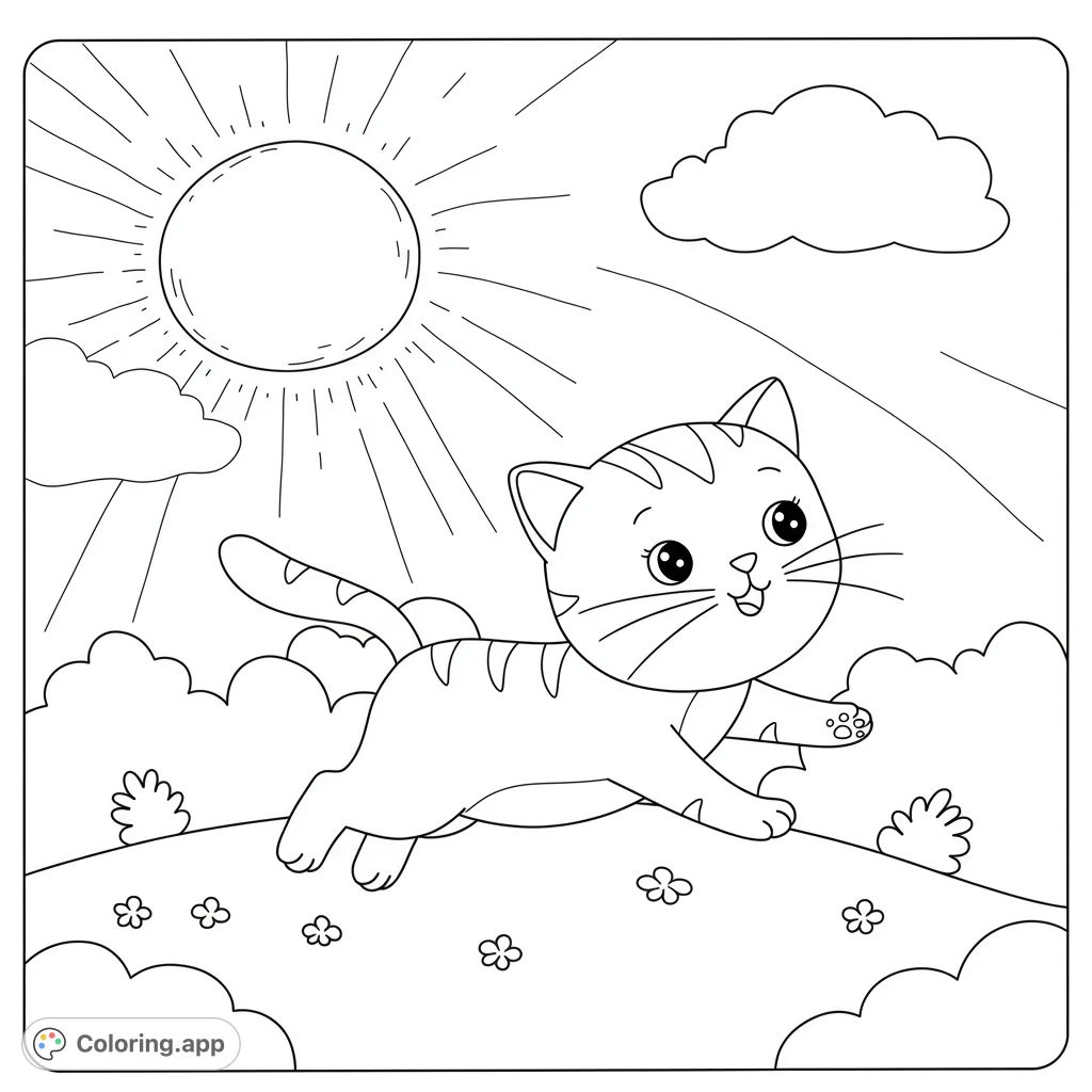 A joyful cat leaps across a sunny field with flowers and clouds. A delightful free printable cat coloring page for kids and adults.