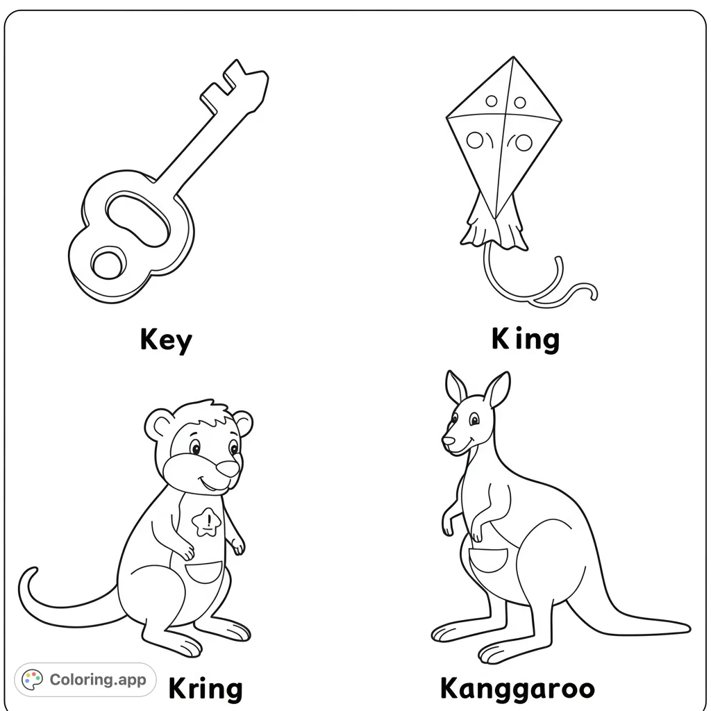 Explore a fun K-themed coloring page featuring a classic key, a flying kite, a friendly cartoon kangaroo, and a realistic kangaroo. Perfect for learning and creativity!
