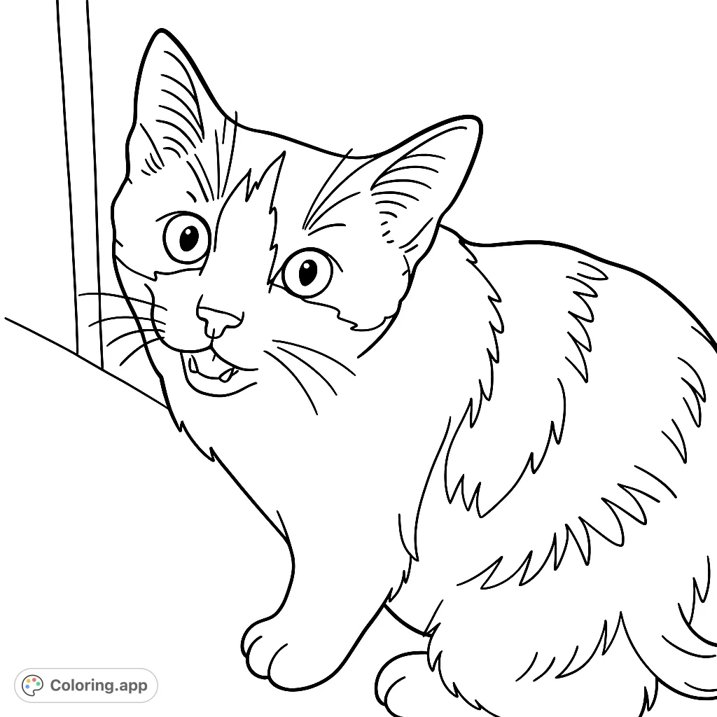 A charming free printable cat coloring page featuring a playful kitten with wide eyes and an open mouth, perfect for kids and cat lovers. A delightful feline coloring page.