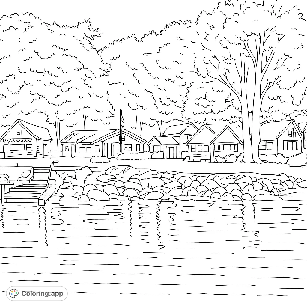 A charming lakeside village coloring page featuring cozy cabins, a dock, and serene water, perfect for a relaxing creative escape.