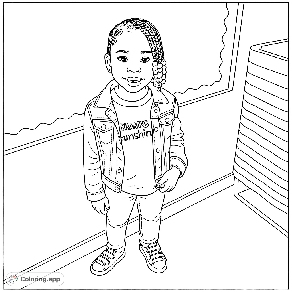 A delightful free printable coloring page featuring a smiling young girl with braided hair and a denim jacket, perfect for kids and adults to enjoy.