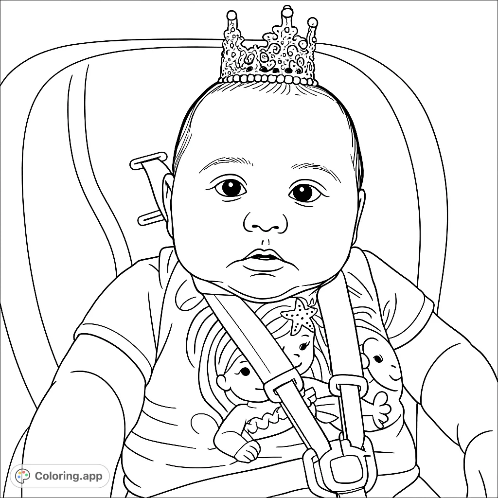 Adorable baby princess in a high chair, wearing a crown and a mermaid shirt. A sweet and charming free printable coloring page for all ages.