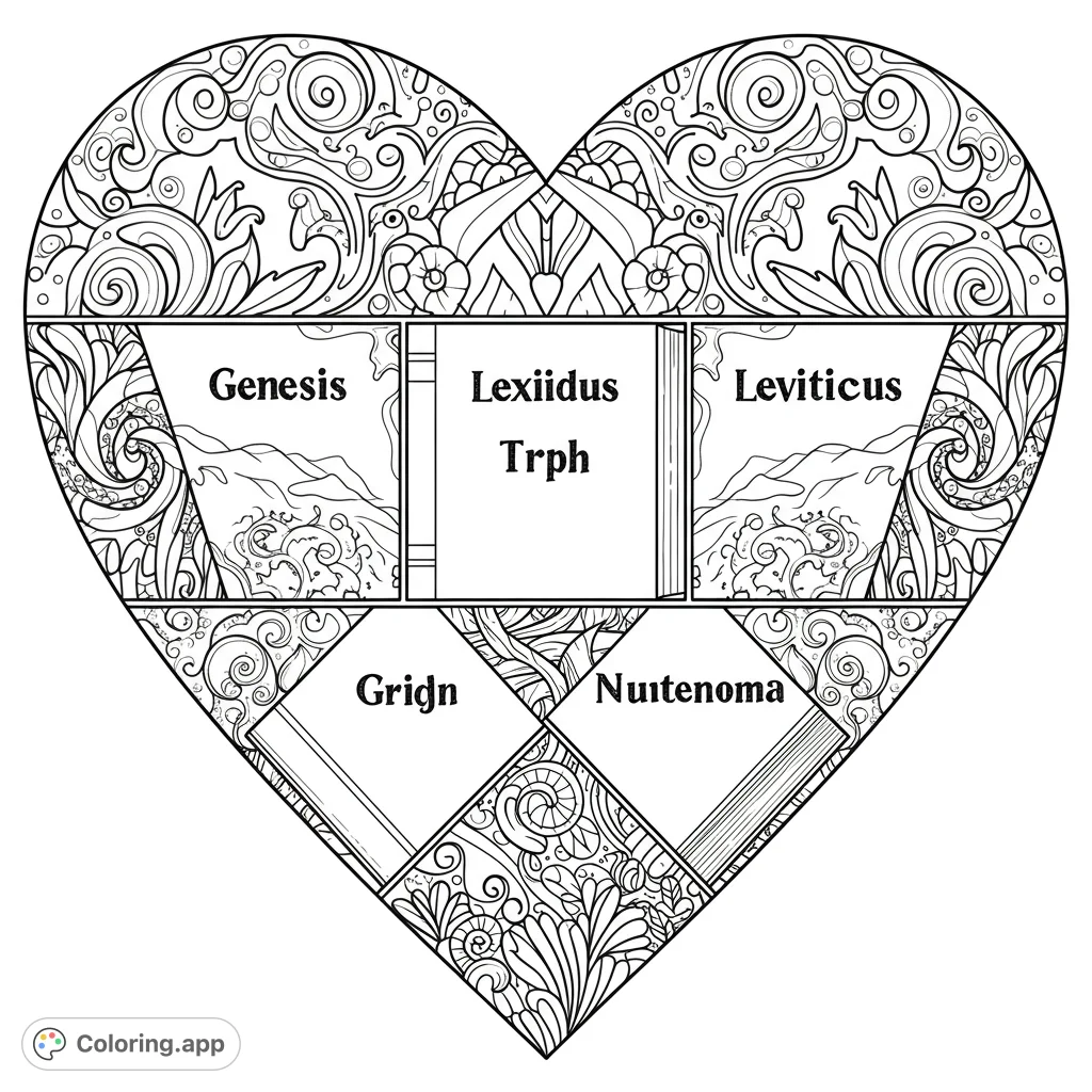 An intricate heart design featuring stylized books and elaborate scrollwork patterns. A unique spiritual or educational heart coloring page for all ages.