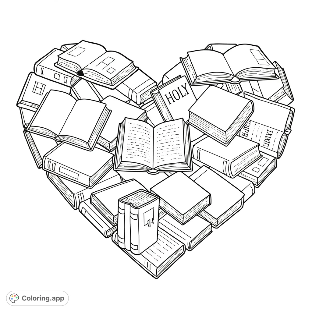 Discover a unique book heart coloring page, a free printable design featuring stacked books forming a heart. Ideal for book lovers and all ages.