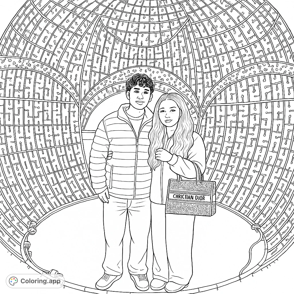A young couple poses inside a stunning, intricately patterned spherical dome, offering a unique and detailed coloring experience.