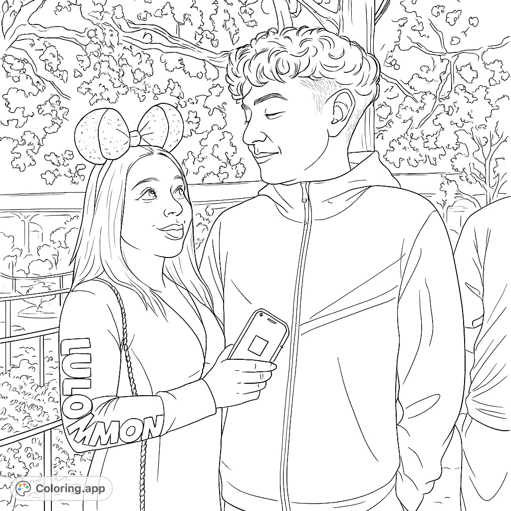 A charming couple enjoys a moment together in a park, featuring a woman with bow ears and a man with curly hair. Perfect for a romantic coloring page.