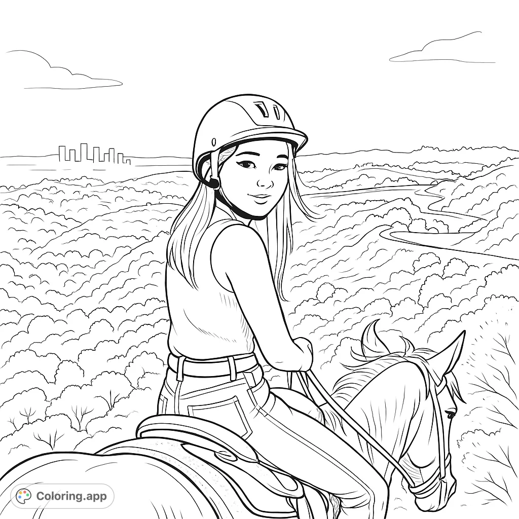 Ride through scenic hills with a smiling equestrian. A free printable horse riding coloring page for kids and adults, featuring a city skyline view.