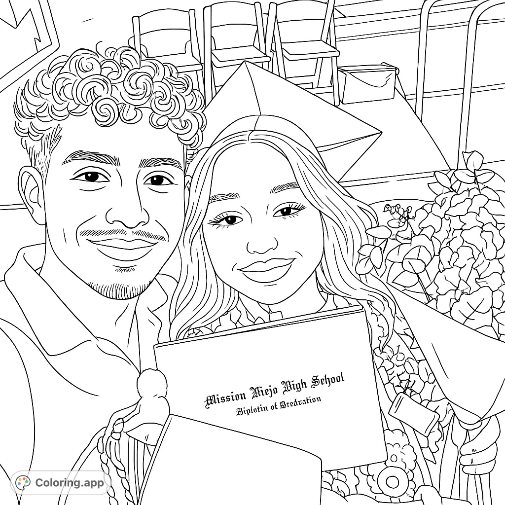 Celebrate academic achievement with this graduation coloring page featuring two smiling graduates, a diploma, and festive flowers. Perfect for all ages!