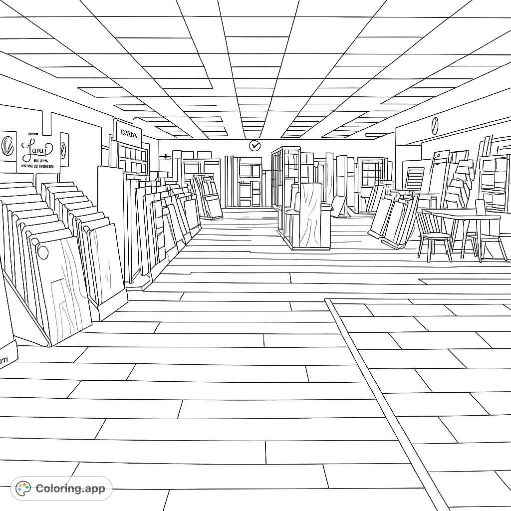 Explore a detailed home improvement showroom coloring page, featuring flooring samples, doors, and design elements. Free printable for all ages.