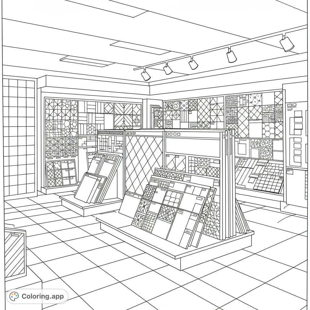 Explore a detailed tile showroom coloring page featuring diverse geometric patterns on walls and display stands. Perfect for design enthusiasts and a free printable coloring page.